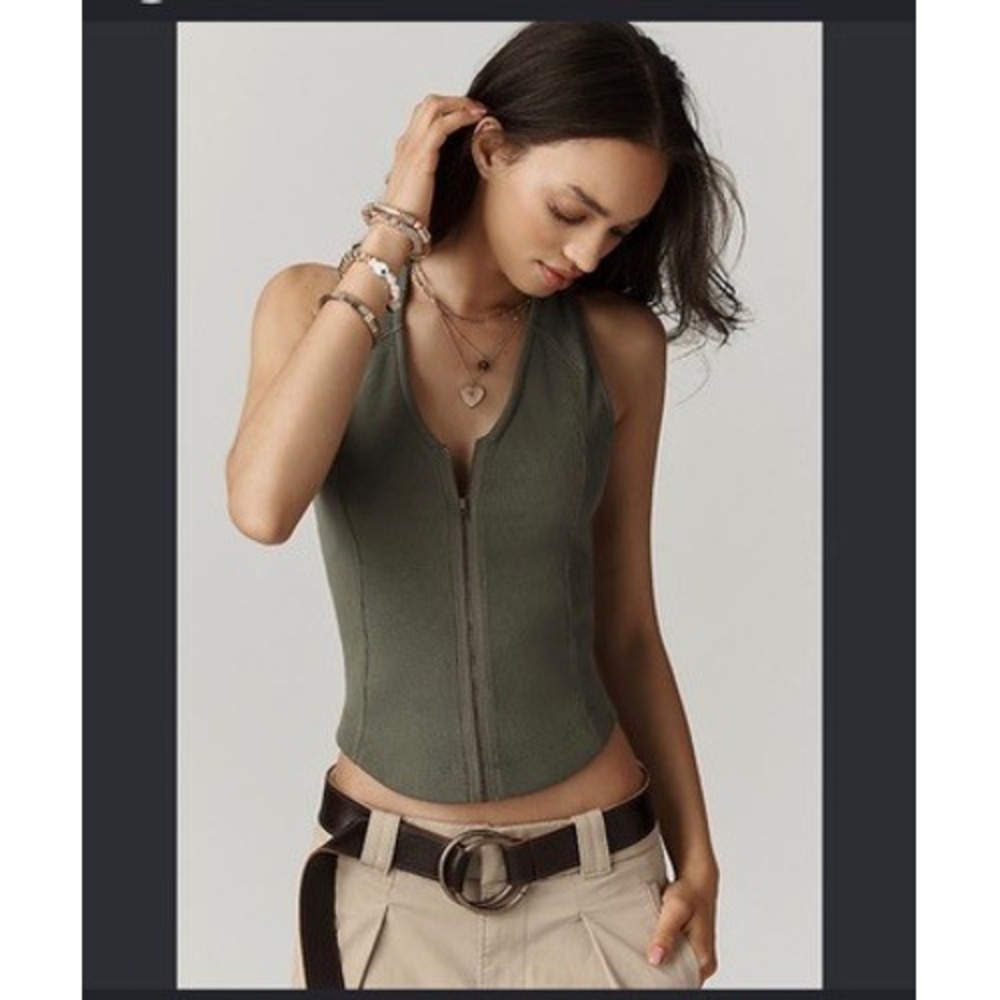 Anthropologie Ribbed Zip Front Tank Top Olive Green Racerback V-Neck Small